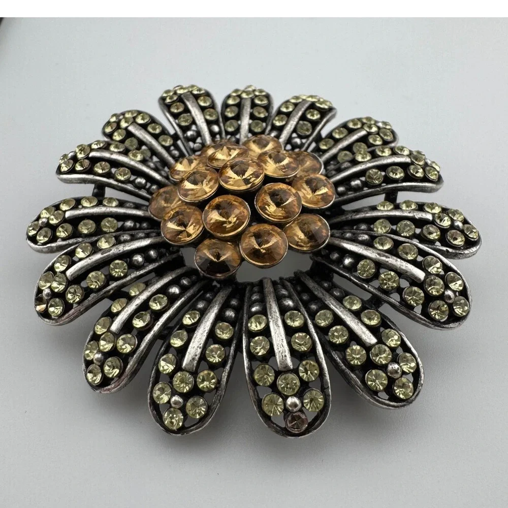 Vintage Style Silver Tone Amber Yellow Rhinestone Flower Brooch Large Daisy 2.5